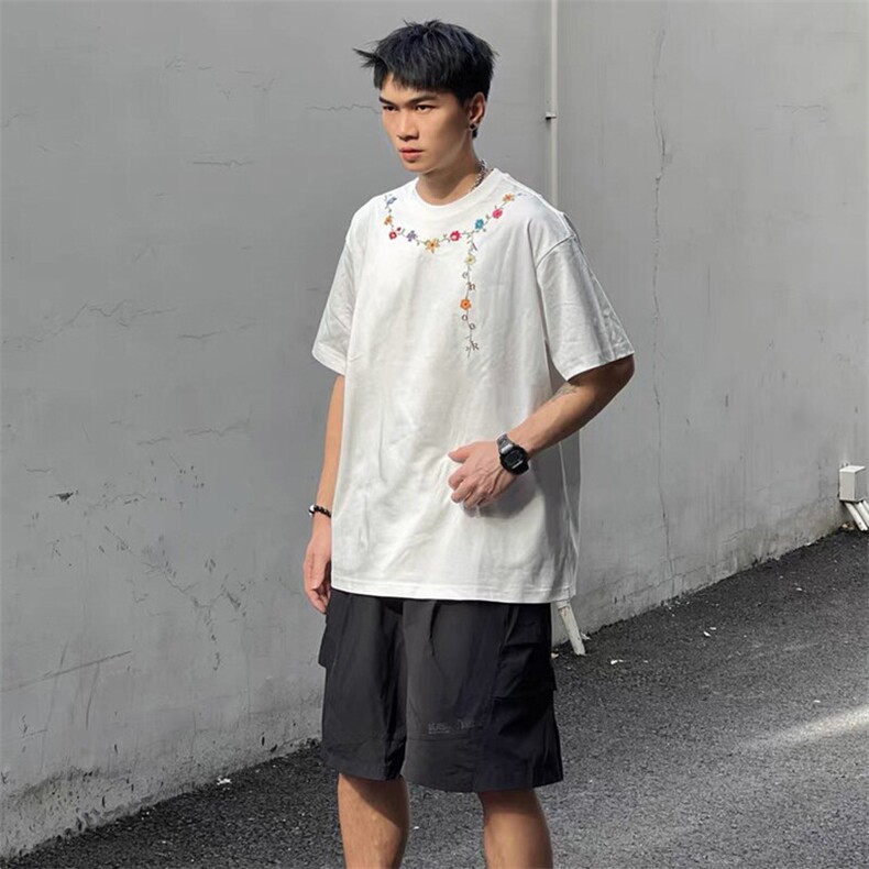 万针全刺绣工艺抖音得物高品质260克重磅纯棉双纱美式高街短袖T恤,男装T恤,电商A486-1