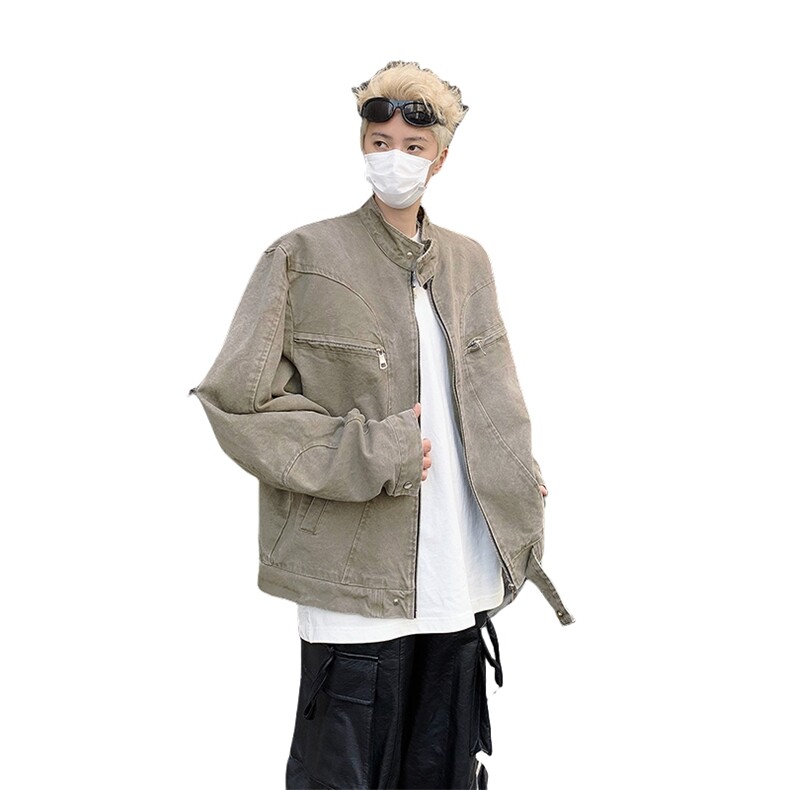 水洗灰色立领牛仔外套男春秋复古潮牌拉链短款外套美式哈灵顿夹克,男装工装外套,星座505-2（原电商A260-1)