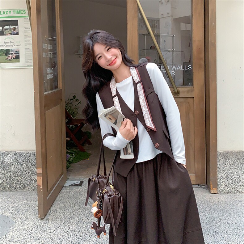 小个子复古长袖T恤马甲半身裙三件套女2025秋新款美拉德显瘦套装,女装套装/套裙,2C029