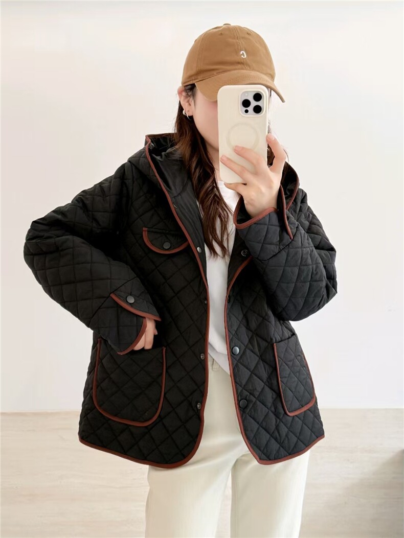 2025冬装新款修身保暖时尚菱形格个性拼接女士棉服外套,女装棉衣/棉服,江忆布依