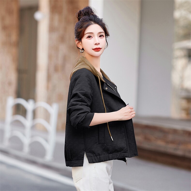 2024春秋季菱形方格短款连帽休闲小个子外套小香风洋气妈妈装上衣,女装短外套,依恋蒂丝