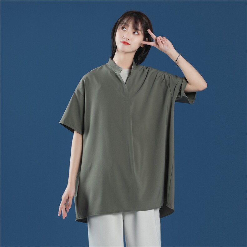 C2027/P35现货夏季男士立领衬衫男女中性风宽松休闲大码短袖衬衣，女装衬衫，电商A141