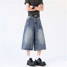 美式复古高腰闪电宽松阔腿裤百搭垂感直筒七分裤牛仔裤K7012TP48，男装牛仔裤，电商D325