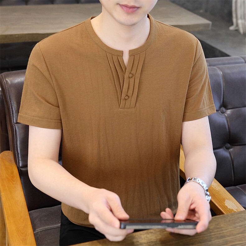 2025夏季棉麻透气清凉男士风盘扣短袖休闲T恤上衣XF9801-P50,男装T恤,星座1105-3