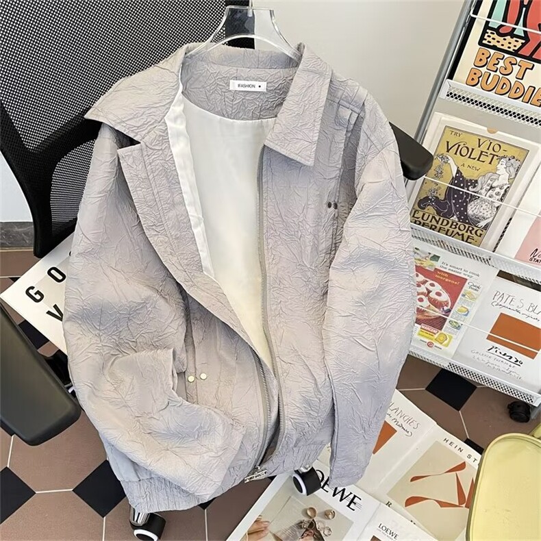 美式复古小众款男春秋季重磅褶皱设计宽松高街外套棒球服AK1/P88,女装短外套,星座506B