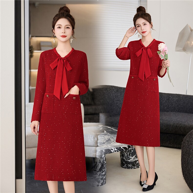 罗得堡2026年春装新款连衣裙气质修身毛呢2601，女装连衣裙，罗得堡