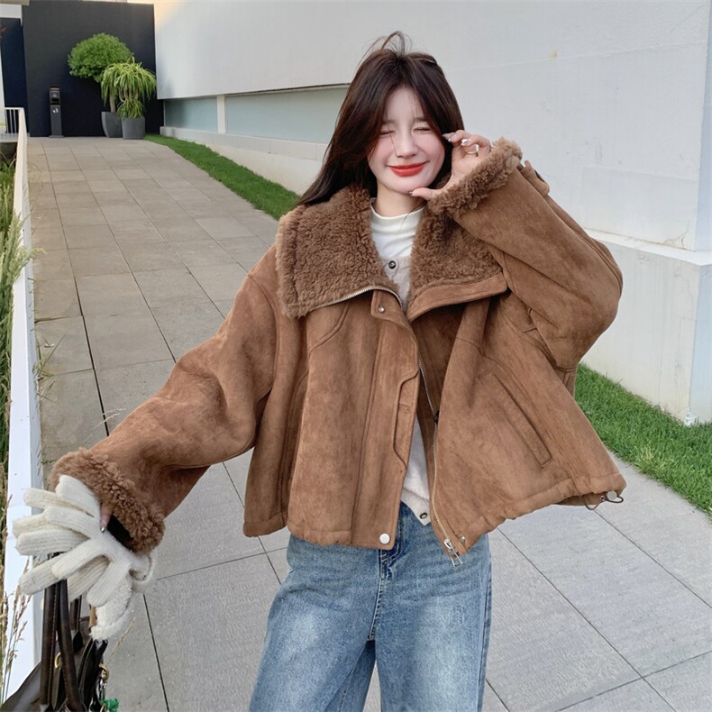 厚实的咖色皮毛一体外套2C151-W09-P225-K338,女装短外套,2C151