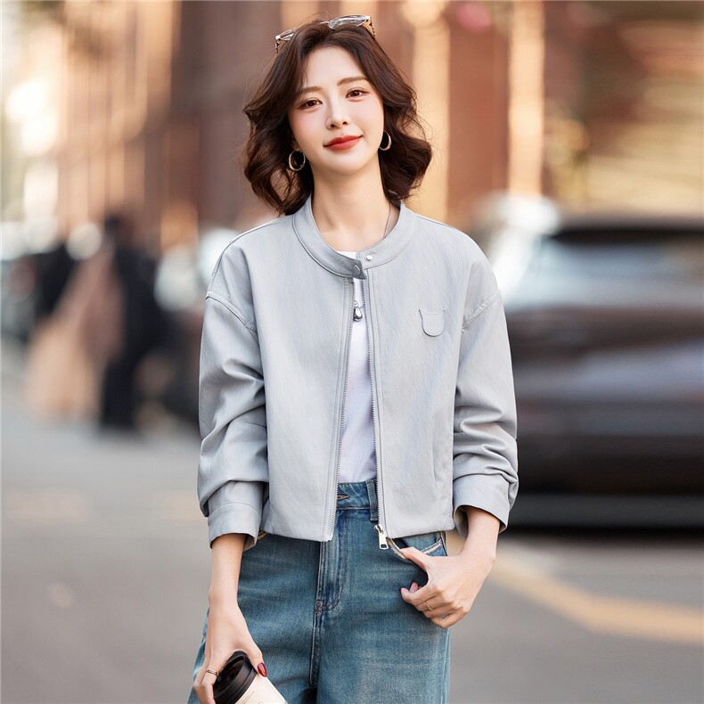 欧货高级感蓝色蛋白皮衣外套女2026春秋新款蝙蝠袖pu短夹克小个子,女装皮衣,潮流依族