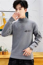 秋冬中领毛衣男小鱼骨头长袖外套男毛衫打底针织衫高领灰M229P35，男装针织衫/毛衣，星座1207