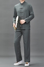 中老年唐装爸爸春装长袖风棉麻套装爷爷老人复古绣花太极服，男装休闲套装，钱塘6003B