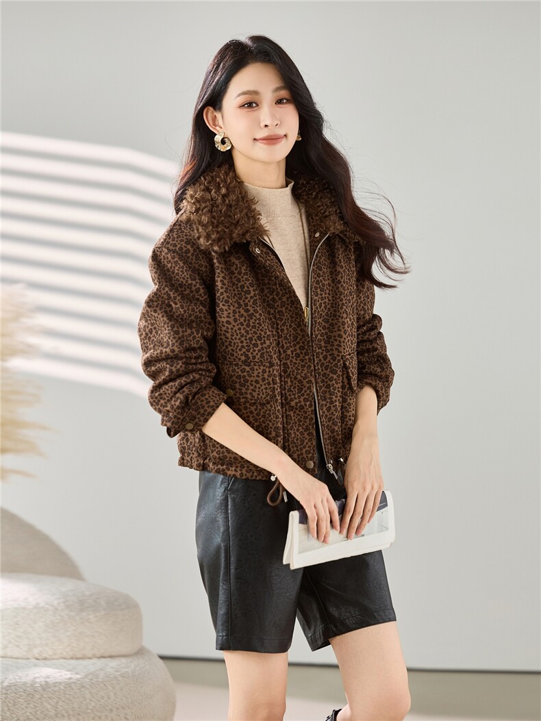2025秋冬装新款豹纹加绒加厚短外套,女装棉衣/棉服,梦芯尔