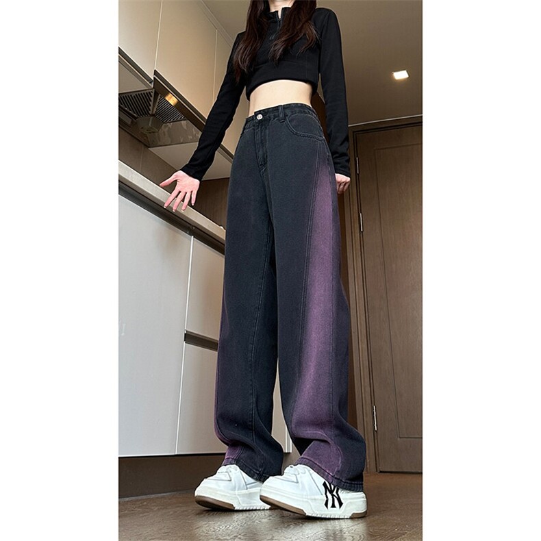 现货黑紫色拼接宽松阔腿直筒撞色休闲牛仔裤男女K5820-P50控78,男装牛仔裤,星座205
