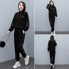 加绒加厚休闲服套装女春秋新款半高领卫衣减龄拼接运动显瘦两件套，女装套装/套裙，凯瑟曼