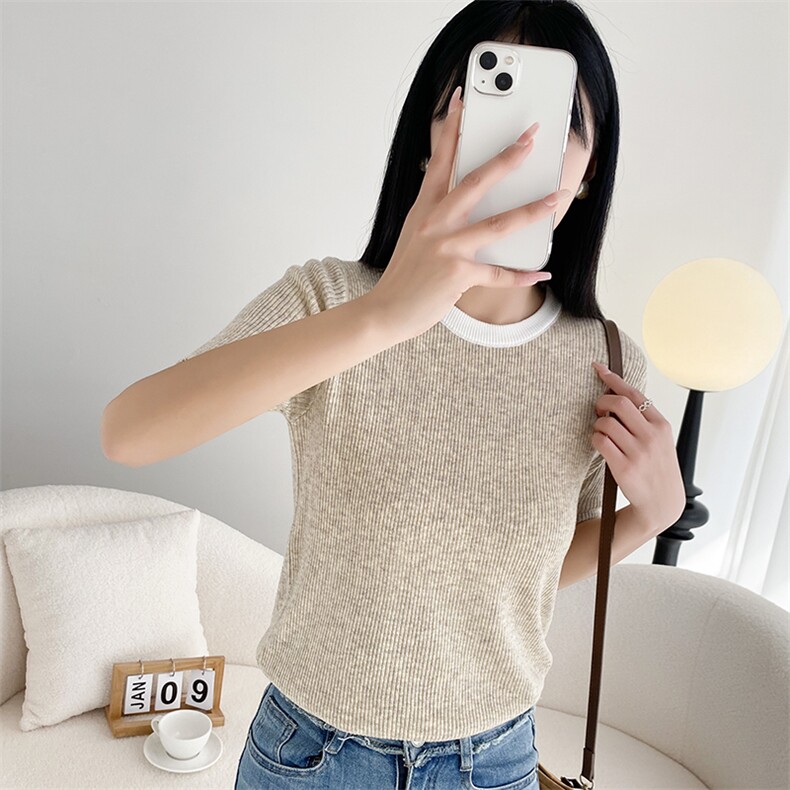 针织衫女短袖夏季2025年新款撞色法式别致修身显瘦上衣打底衫,针织衫/毛衣,百色羊绒