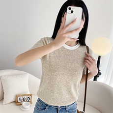 针织衫女短袖夏季2025年新款撞色法式别致修身显瘦上衣打底衫，女装针织衫/毛衣，百色羊绒