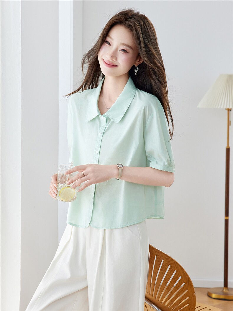2026年夏季衬衫领休闲短袖纯色薄款全棉衬衫小衫,女装衬衫,简韵佳