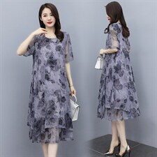 大花圆领高腰套头A字裙短袖中长款连衣裙2021夏季，商品下架区，华秀衣