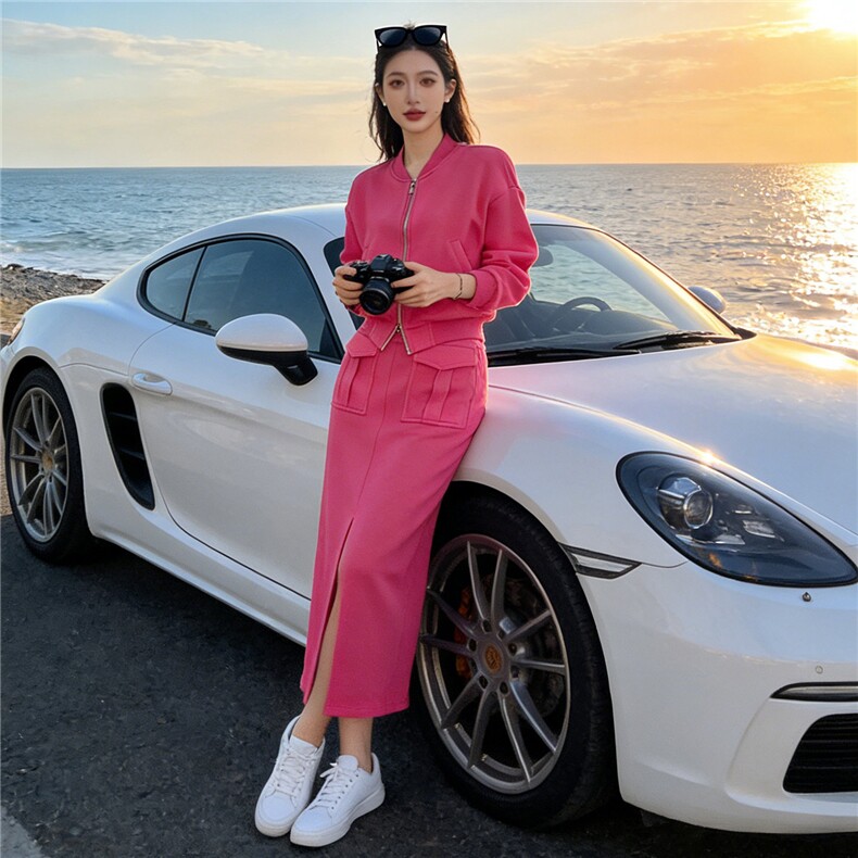港风时尚休闲套装裙女春季新款玫红色开衫卫衣开叉半身裙两件套潮,女装套装/套裙,江南