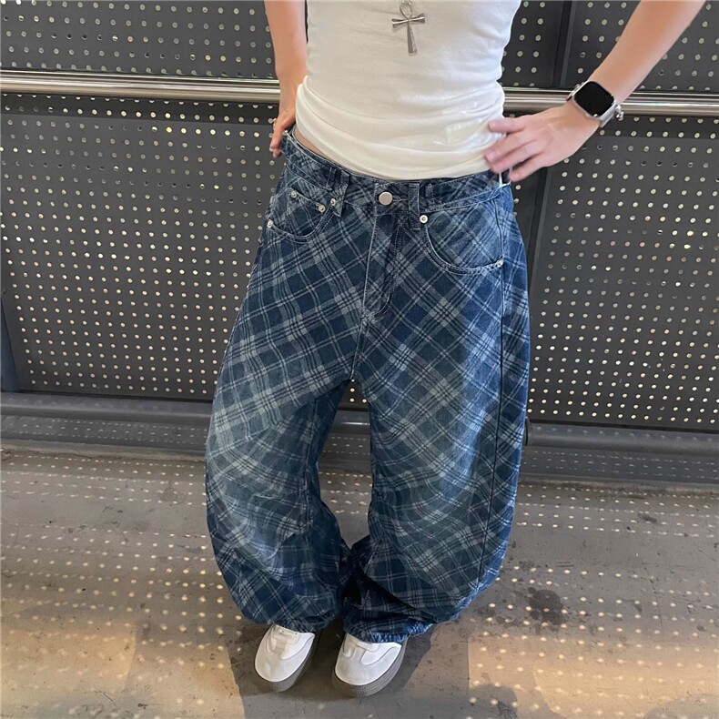 N53-P58美式覆古格纹水洗弯刀牛仔裤男女设计感褶皱休闲风,男装牛仔裤,电商B323A