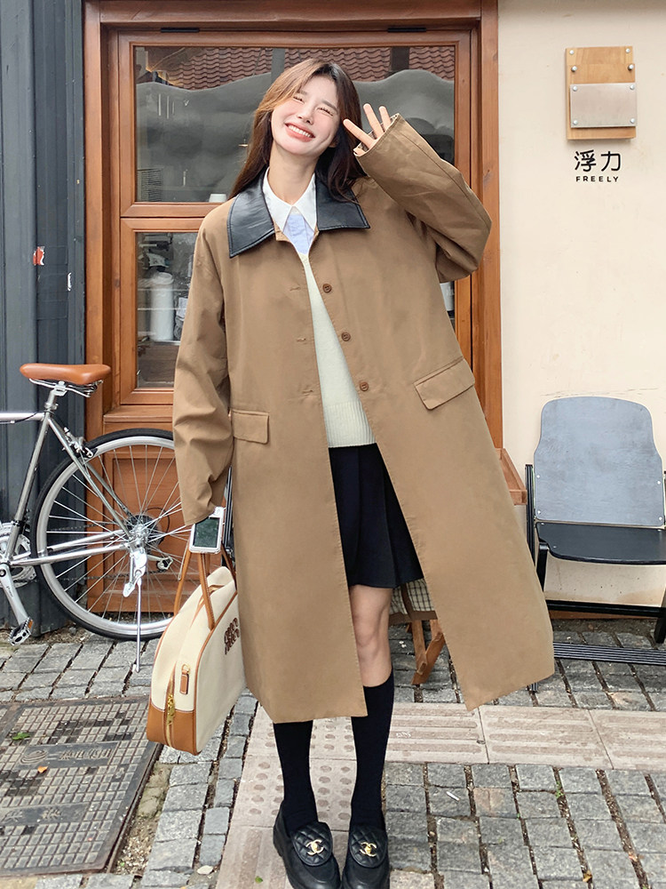 长款长袖薄款翻领女士格子领风衣韩版慵懒风大衣春秋气质小个子,女装风衣,蝶眷