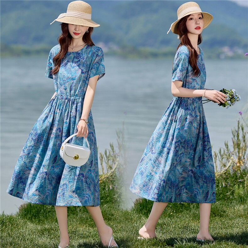时尚碎花棉麻短袖连衣裙女夏2026新款收腰显瘦度假风休闲气质裙子,女装连衣裙,倪叶myz