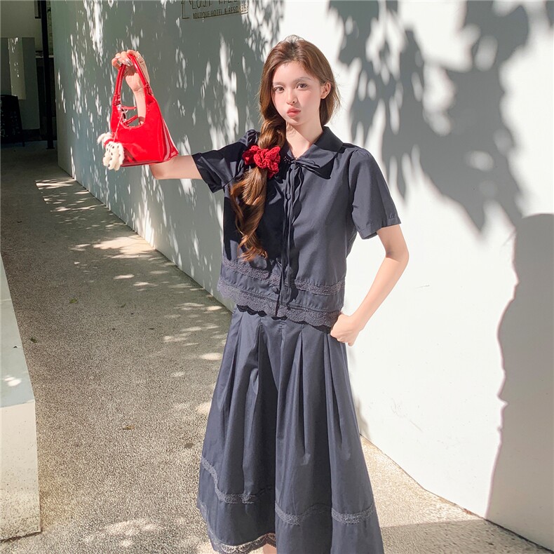 蕾丝拼接娃娃领系带上衣松紧腰半裙学院风套装女,女装套装/套裙,水衣源