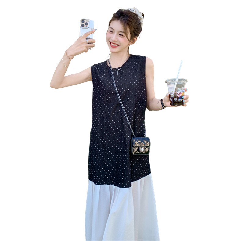 2025新款韩系甜美无袖波点连衣裙子女夏季设计感撞色拼接背心长裙,女装连衣裙,流量+