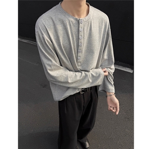 主推 慵懒风亨利领长袖T恤垂感百搭cleanfit打底衫男 H1052特P35图片