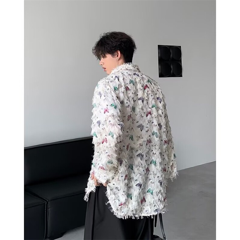 无性别立体设计蝴蝶印花衬衫女春夏秋季休闲情侣衣百搭男CS39/P42,男装衬衫,星座506