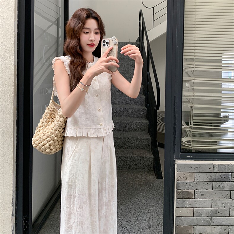 休闲花边无袖套装女2025夏季新款韩版气质减龄高级感阔腿裤两件套,女装套装/套裙,1D066-1
