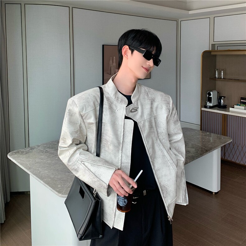 cuibuju小众高级感立领机车皮衣男宽松短款垫肩夹克外套,男装夹克,星座218-1（原230）