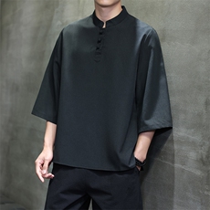 2025新款夏季风纯色立领上衣盘扣休闲T恤宽松潮流男T2505-P45，男装T恤，电商A008