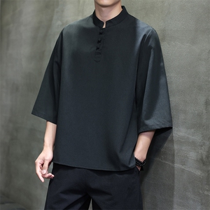 2025新款夏季风纯色立领上衣盘扣休闲T恤宽松潮流男T2505-P45图片
