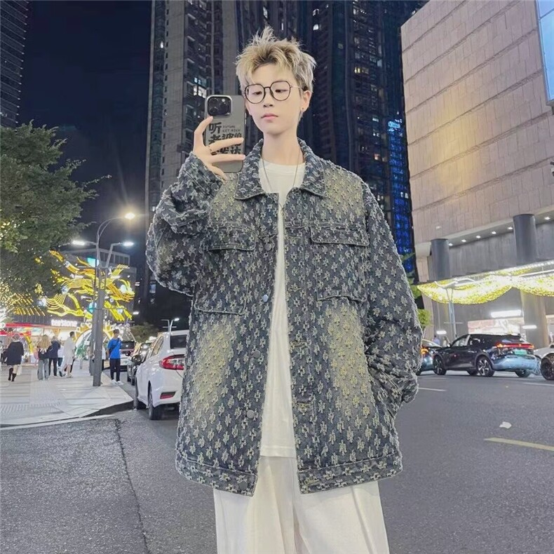 美式复古机车立领刺绣水洗牛仔夹克男女春秋潮街头嘻哈上衣外套,男装夹克,星座715-4