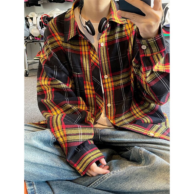 港风复古格子长袖衬衫男女中性衬衣外套C2214-P30【特价】,男装衬衫,电商A007