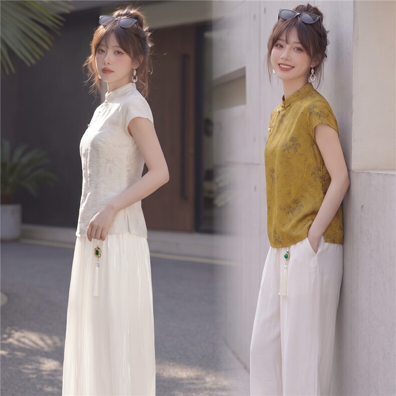 2026年夏季休闲风女优雅淑女通勤日常G风印花压皱新中式两件套,女装套装/套裙,曼琳思菲