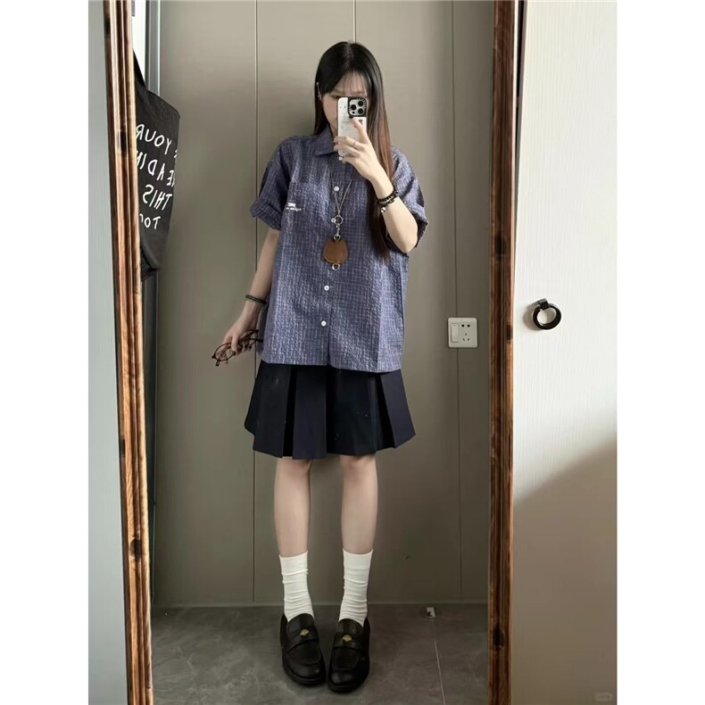紫蓝色织格子泡泡纱短袖衬衫夏季潮牌宽松防晒衫ins美式格纹衬衣,男装防晒衣,星座506A