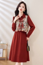 复古盘扣国风马甲两件套连衣裙女2025春秋新款气质收腰显瘦套装裙，女装套装/套裙，奕薇雅