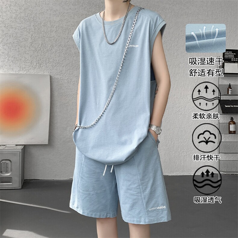 特批P50无差价夏季轻薄舒适纯色潮流宽松背心短裤速干套装TZ5591,男装休闲套装,电商A001-1