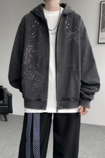 秋季美式烫钻开衫拉链卫衣男潮牌高级感痞帅短宽外套男WY37P98，女装短外套，电商D206-1