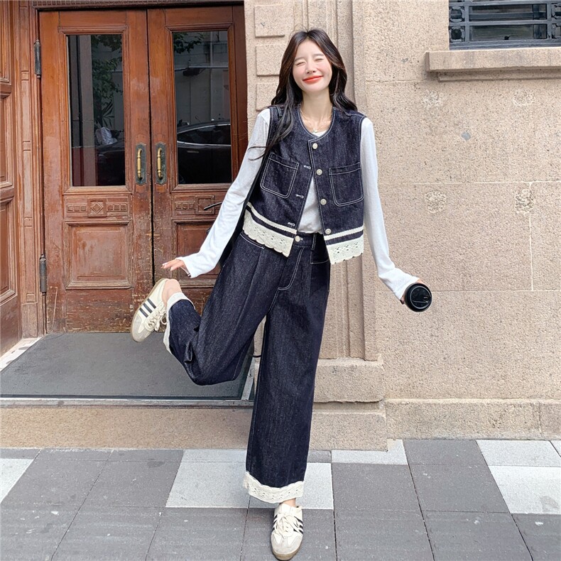 松弛慵懒风蕾丝牛仔马甲套装女2025新款秋季简约阔腿裤百搭两件套,女装套装/套裙,2C012