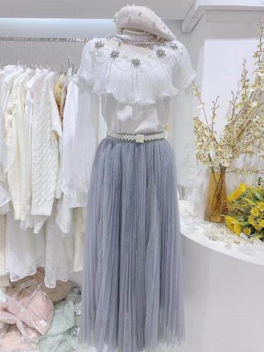 21春款重工钉钻镂空娃娃上衣+大摆细褶网纱半身裙，女装半身裙，WOOKSING