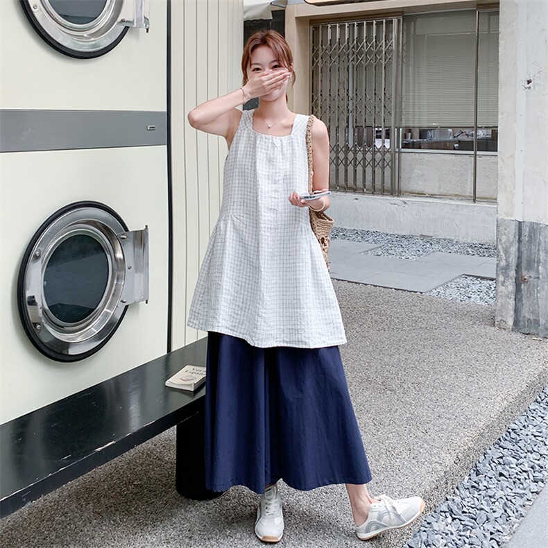 韩版格纹背心上衣阔腿裤套装女2025夏季新款松弛感休闲减龄两件套,女装套装/套裙,2D034