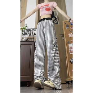 K5051/P40夏季薄款透气凉感格子裤男女同款垂感褶皱休闲裤长裤子图片