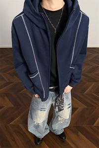 春季重磅350g华棉美式男宽松辑明线拉链连帽卫衣W24567-特P50控98图片