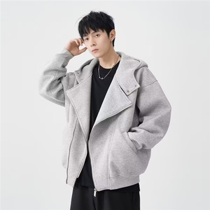 1014-1-WA601式双拉链开衫连帽卫衣男女春秋重磅潮牌灰色加厚外套图片