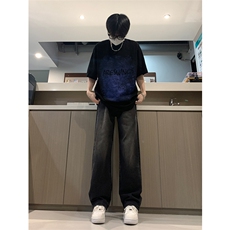 现货24春夏渐变复古蓝黑色宽松直筒阔腿牛仔裤男K5806-P50，男装牛仔裤，星座205