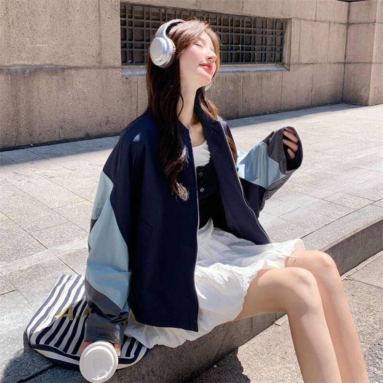 休闲撞色拼接藏蓝色短外套女春秋2025新款小个子减龄巨好看高级感,女装短外套,2D143