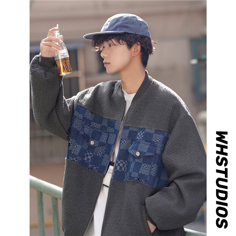 TP35现货肌理感面料拼接牛仔个性港风流行夹克外套A170-W322，男装工装外套，电商A170