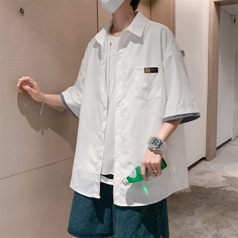 冰丝短袖衬衫男宽松假两件上衣ins港风夏季薄款衬衣外套CS065-P30,男装衬衫,星座308B-1